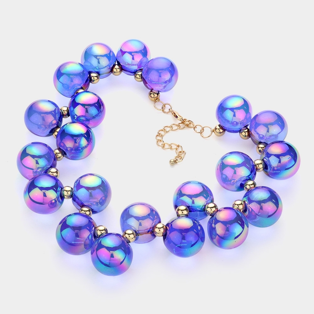 Royal Blue Iridescent Ball Necklace Set Chunky Beaded Fun Statement Jewelry - Picture 2 of 2